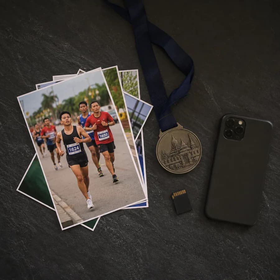 A stack of printed event photos, an SD card and a phone on dark slate