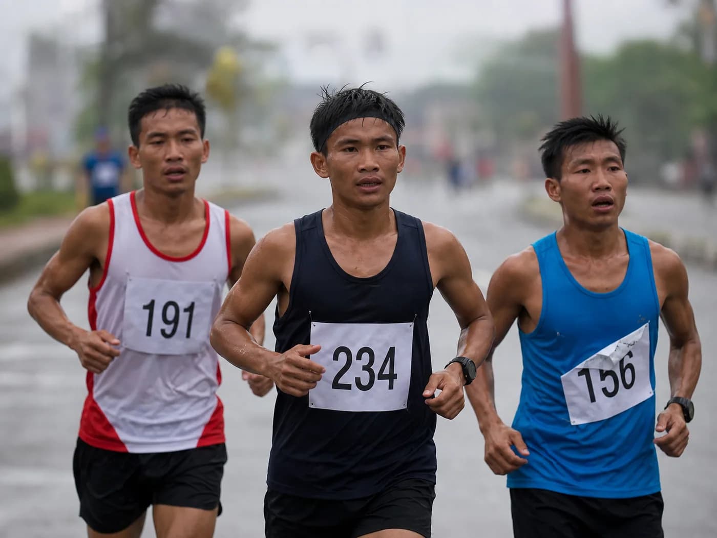 Three runners photographed head-on with race bib numbers visible